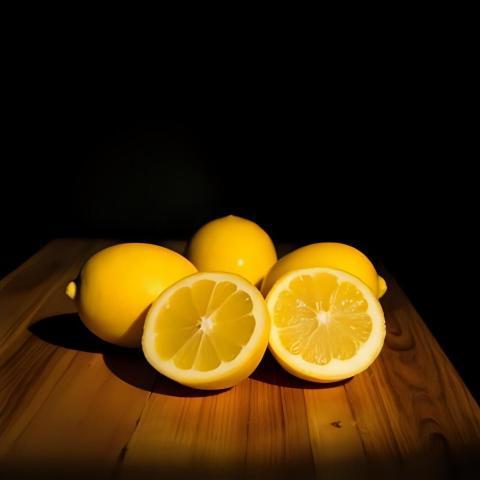 Yellow lemons whole and halves on the wood desk black background (3)