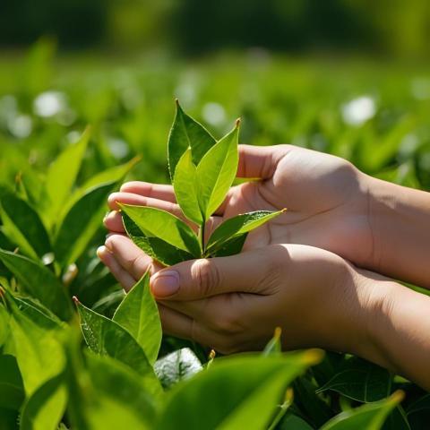 Woman hands holding tea leaves at organic tea plantation in the morning