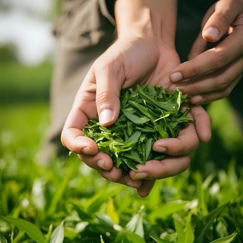 Woman hands holding tea leaves at organic tea plantation in the morning (2)