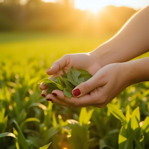 Woman hands holding tea leaves at organic tea plantation in the morning (1)